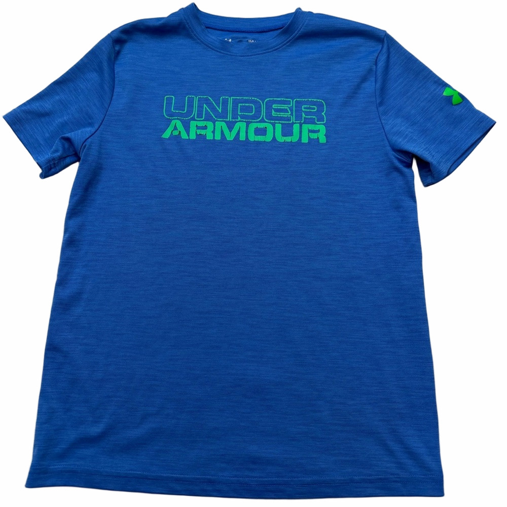 Under Armour Drifit Royal Blue Tee Green Logo Loose Heatgear Youth Boy Large